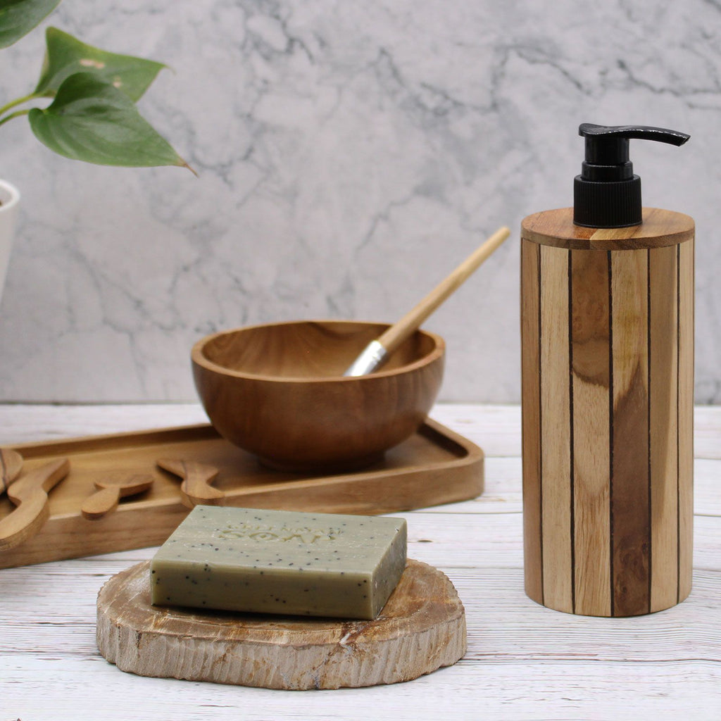 Dispensador de Jabón de Madera de Teca Natural Redondo
