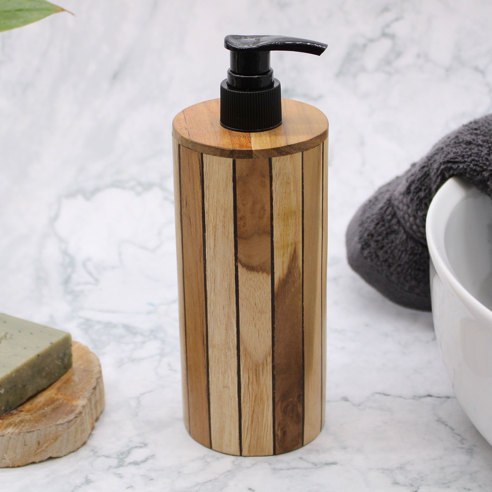 Dispensador de Jabón de Madera de Teca Natural Redondo