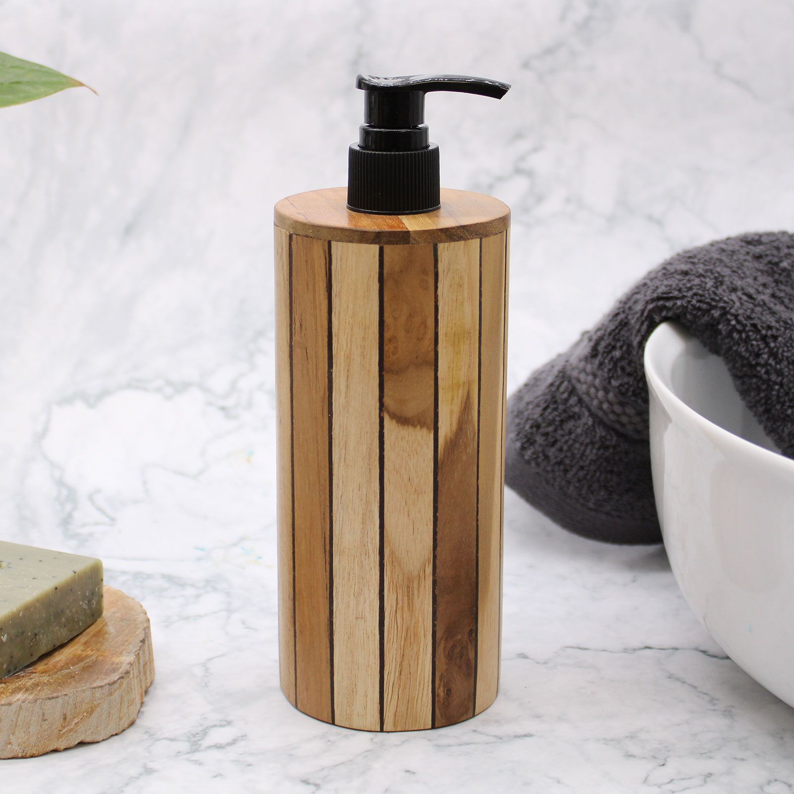 Dispensador de Jabón de Madera de Teca Natural Redondo